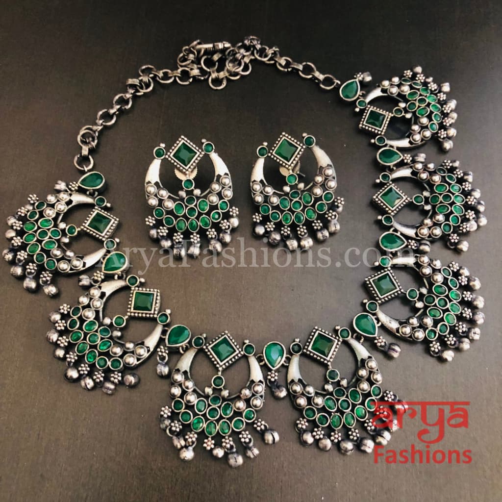 Oxidized Silver Necklace / Multicolor Stone