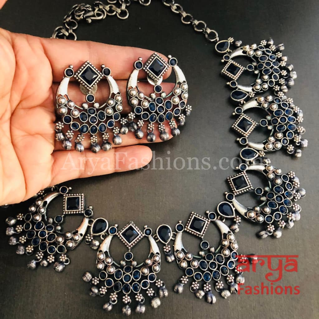 Oxidized Silver Necklace / Multicolor Stone