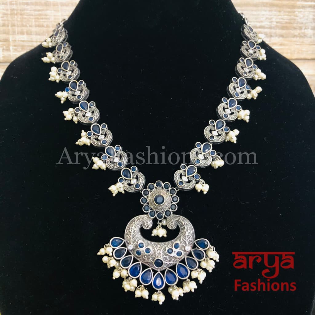 Oxidized Silver Temple Jewelry Necklace with kemp Stones