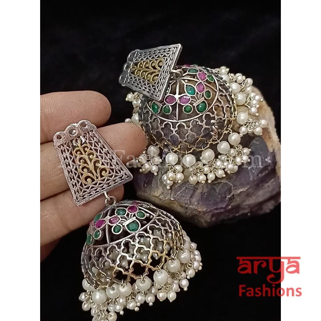Oxidized Silver Tribal Earrings/Ethnic Jhumka/German Jhumka with Pearl Drops