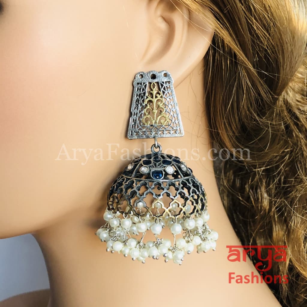 Oxidized Silver Tribal Earrings/Ethnic Jhumka/German Jhumka with Pearl Drops