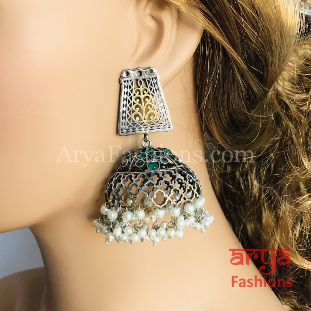 Oxidized Silver Tribal Earrings/Ethnic Jhumka/German Jhumka with Pearl Drops