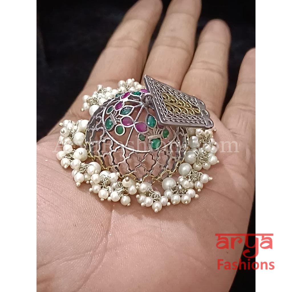 Oxidized Silver Tribal Earrings/Ethnic Jhumka/German Jhumka with Pearl Drops