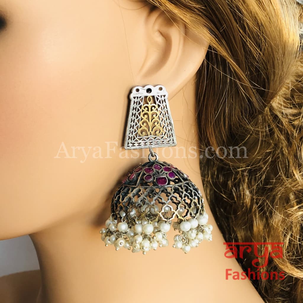 Oxidized Silver Tribal Earrings/Ethnic Jhumka/German Jhumka with Pearl Drops
