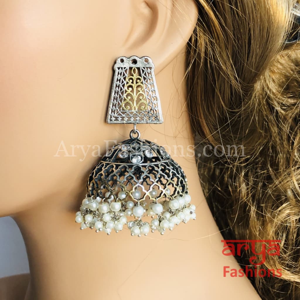 Oxidized Silver Tribal Earrings/Ethnic Jhumka/German Jhumka with Pearl Drops