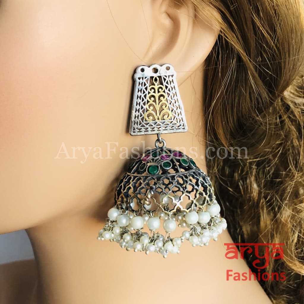 Oxidized Silver Tribal Earrings/Ethnic Jhumka/German Jhumka with Pearl Drops