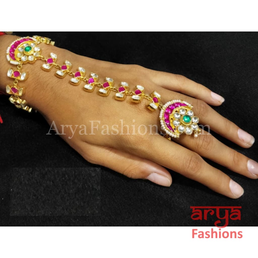 Pacchi Kundan Hathphool Ruby Pink and Designer Bridal Pair of 2