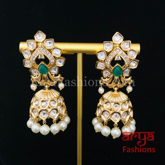 Pacchi Kundan Jhumka Earrings/ Emerald Green Ruby Earrings