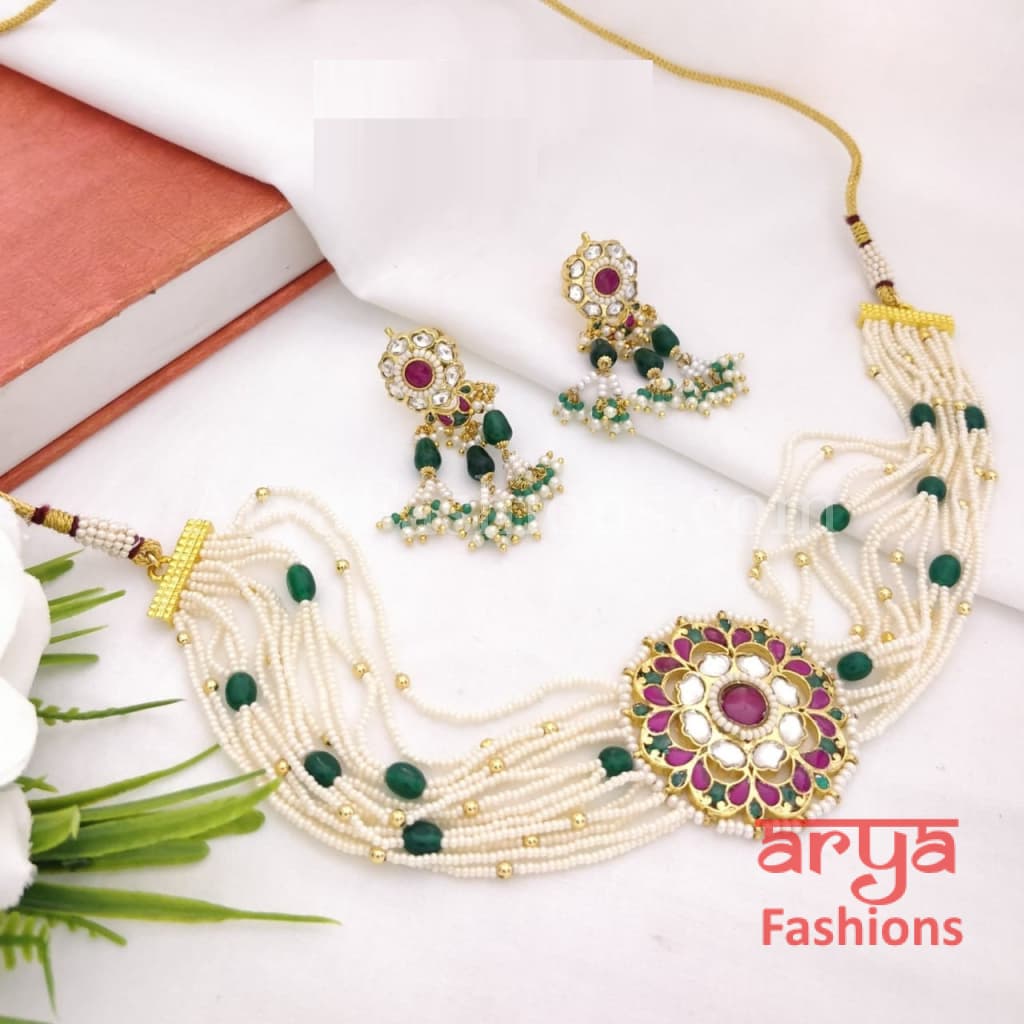 Pachi Kundan Choker/ Multi Strand fine Pearl bead Ruby Emerald Sabyasachi Royal 