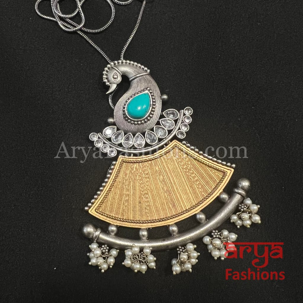 Peacock Dual Tone Oxidized Silver Pendant Necklace