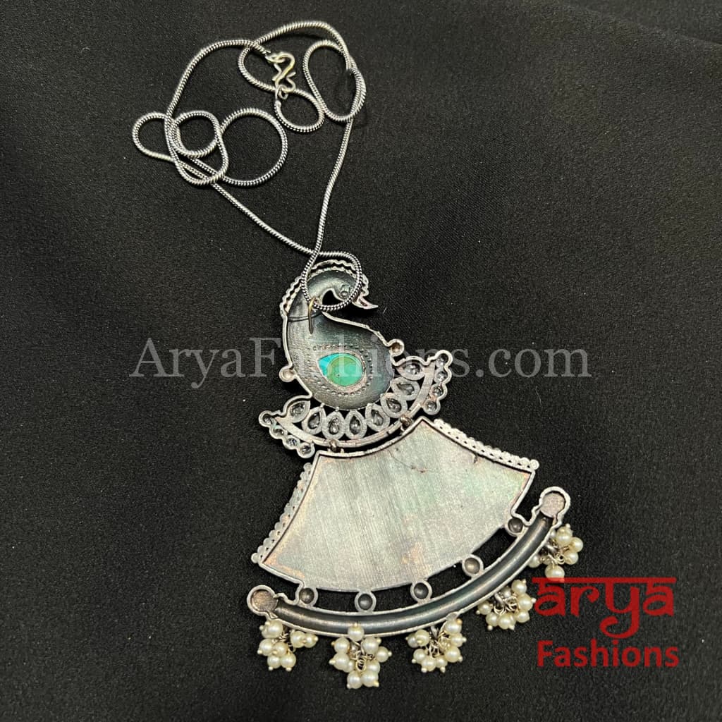 Peacock Dual Tone Oxidized Silver Pendant Necklace