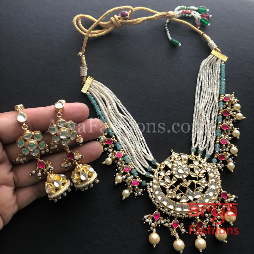 Pearl Choker with Blue Beads/ Ruby Emerald Kundan