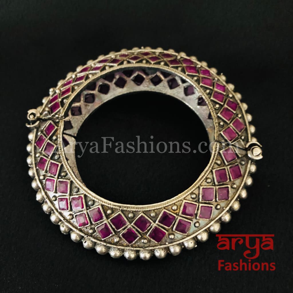 Pink Ethnic Silver Oxidized Bracelet/ Bracelet /Size 2.4 2.6