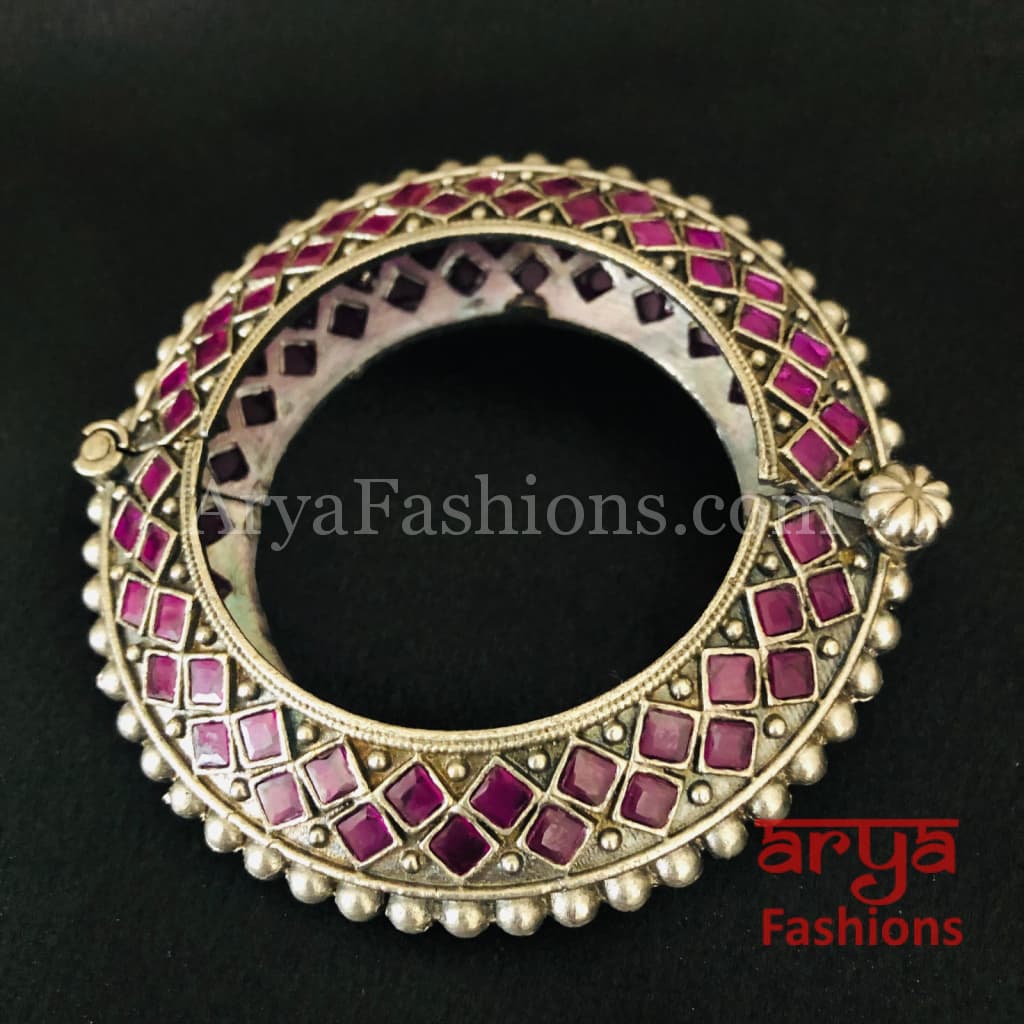 Pink Ethnic Silver Oxidized Bracelet/ Bracelet /Size 2.4 2.6