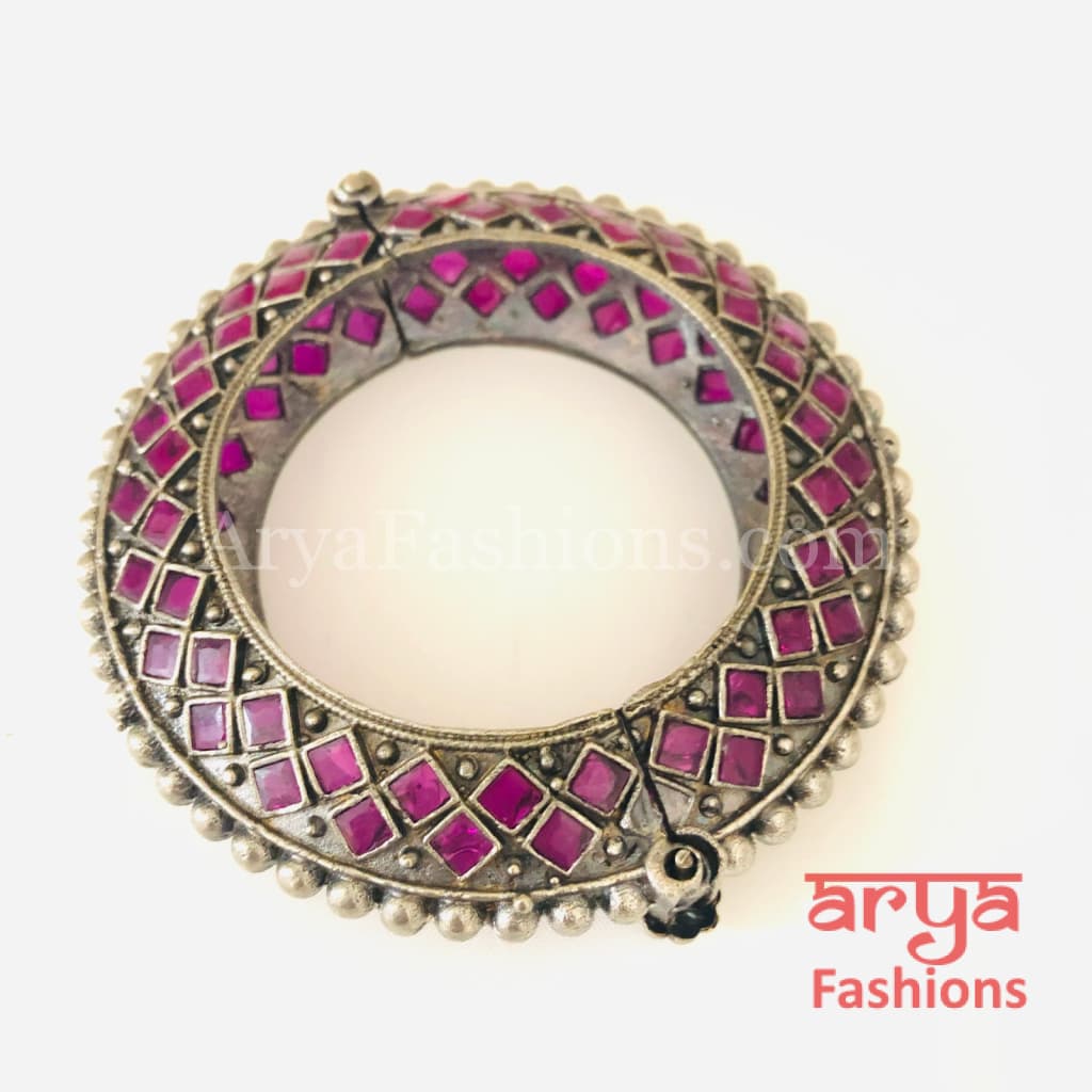 Pink Ethnic Silver Oxidized Bracelet/ Bracelet /Size 2.4 2.6