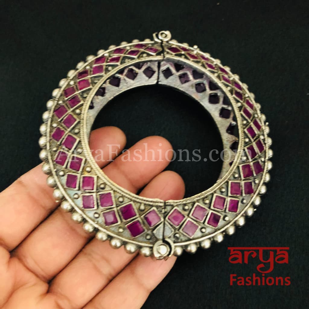 Pink Ethnic Silver Oxidized Bracelet/ Bracelet /Size 2.4 2.6