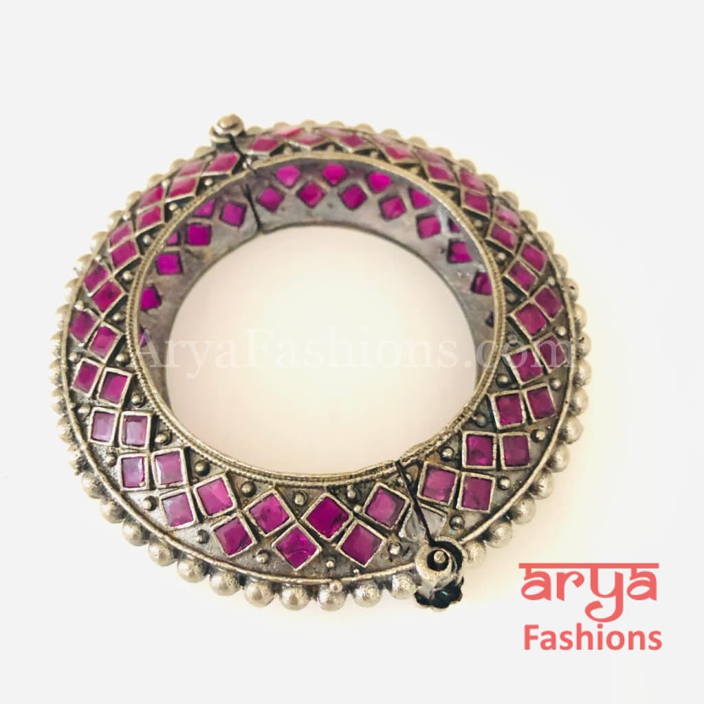 Pink Ethnic Silver Oxidized Bracelet/ Bracelet /Size 2.4 2.6