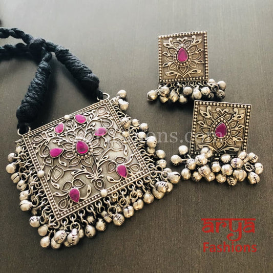Pink Oxidized Silver Ethnic/Tribal/Indian/Bollywood Necklace