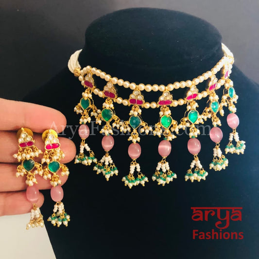 Pink Rajwadi Pacchi Kundan Choker/ Multicolor Jadau Choker