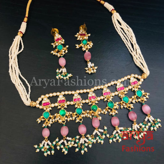 Pink Rajwadi Pacchi Kundan Choker/ Multicolor Jadau Choker
