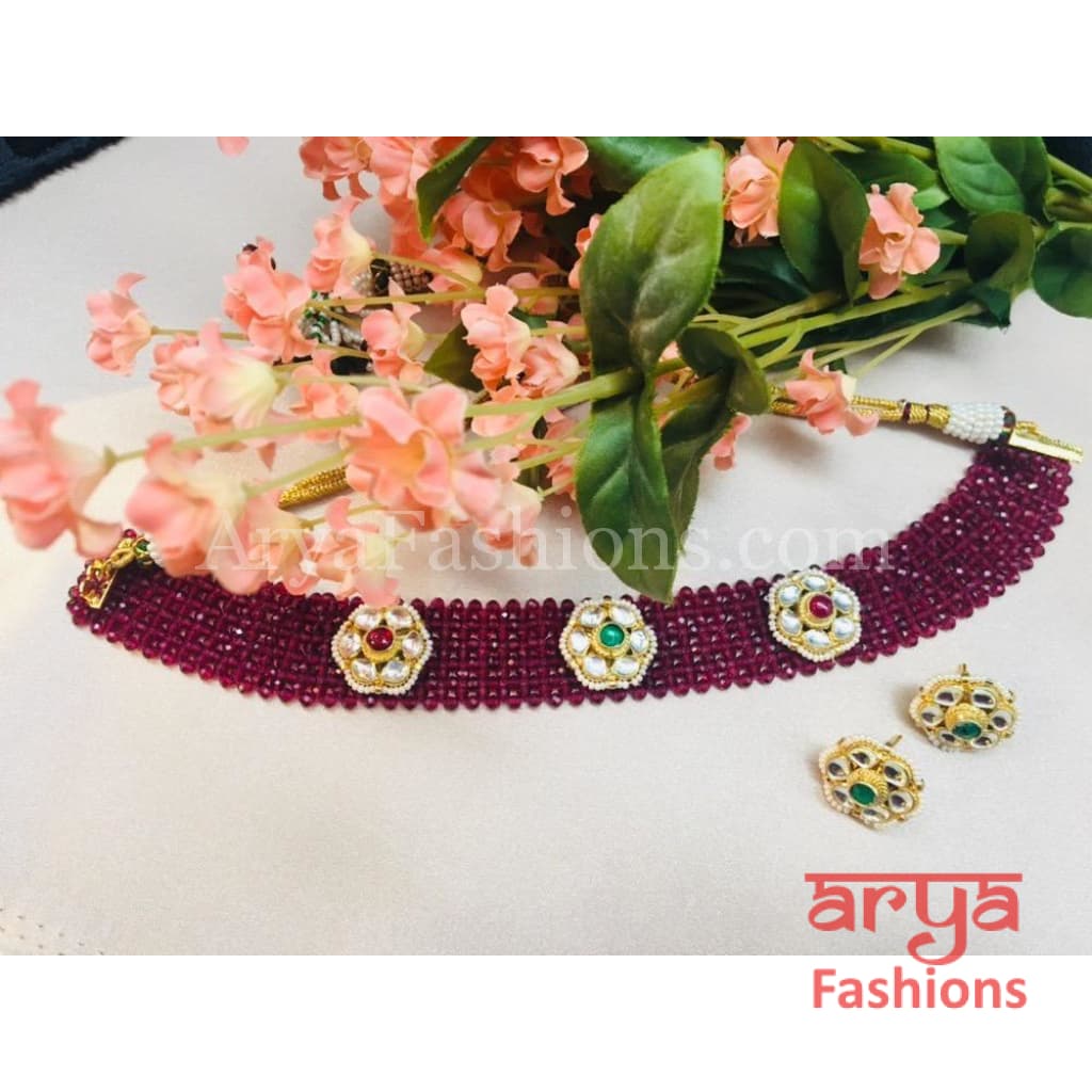 Pink Ruby Kundan Choker Necklace with Stud Earrings