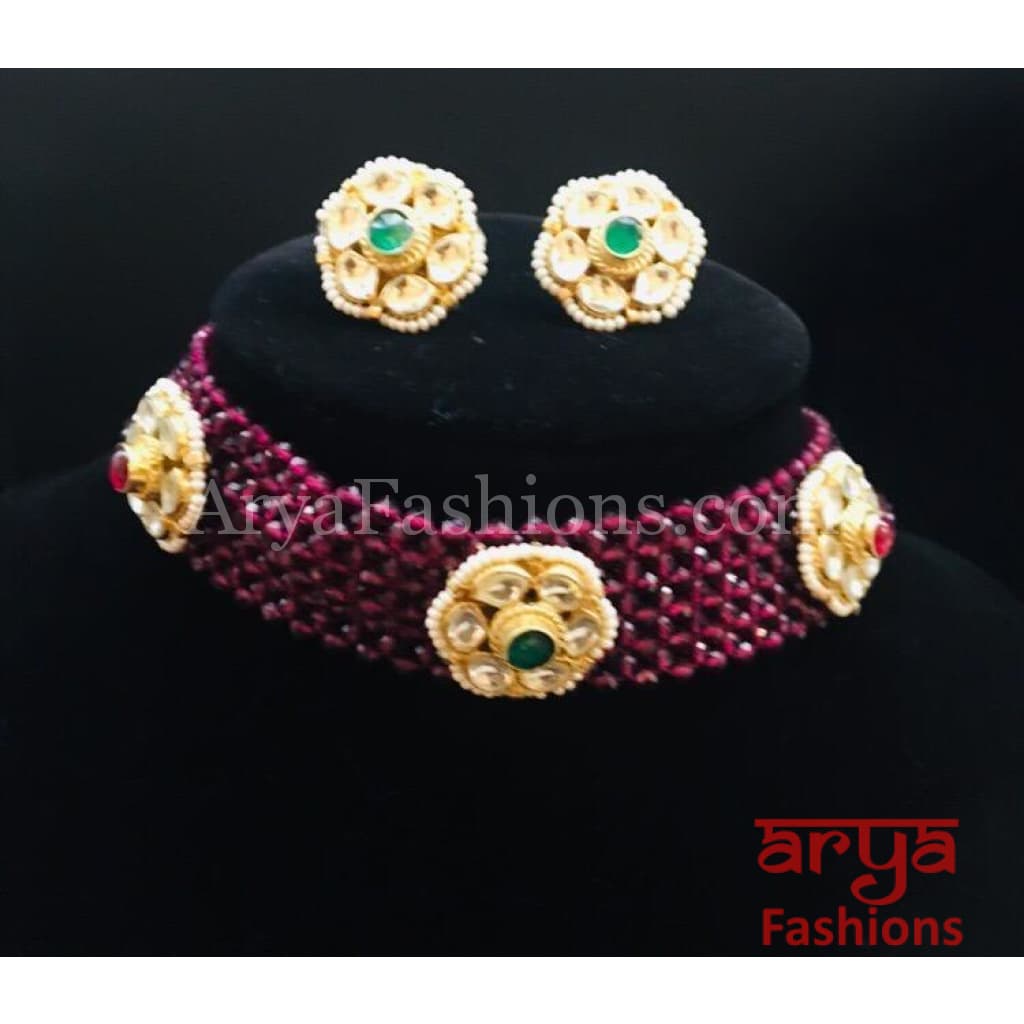 Pink Ruby Kundan Choker Necklace with Stud Earrings