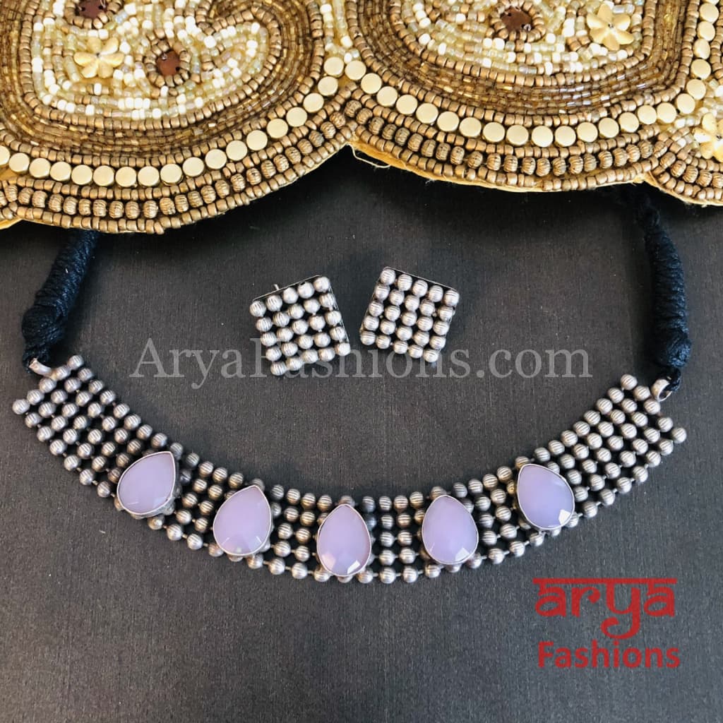 Purple Stones Oxidized Tribal Necklace with Cultured