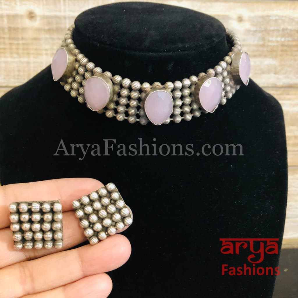 Purple Stones Oxidized Tribal Necklace with Cultured