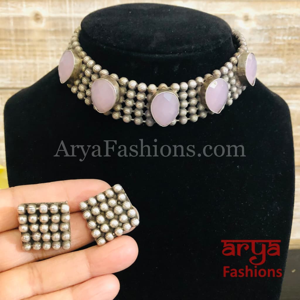 Purple Stones Oxidized Tribal Necklace with Cultured