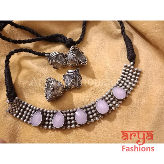 Purple Stones Oxidized Tribal Necklace with Cultured