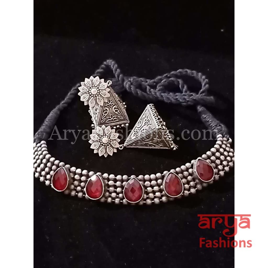 Purple Stones Oxidized Tribal Necklace with Cultured