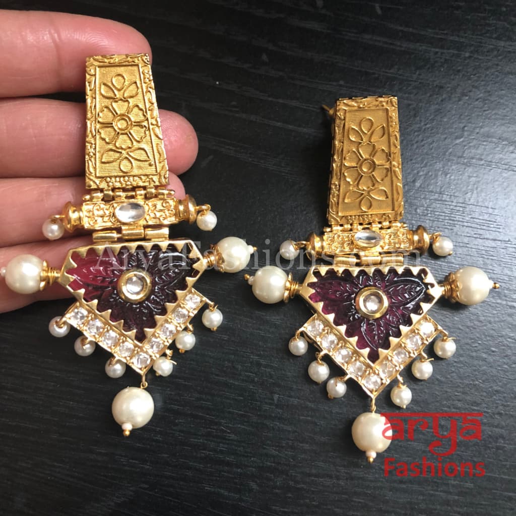 Rabia Kundan Earrings with Handcarved stone/ Amrapali Inspired