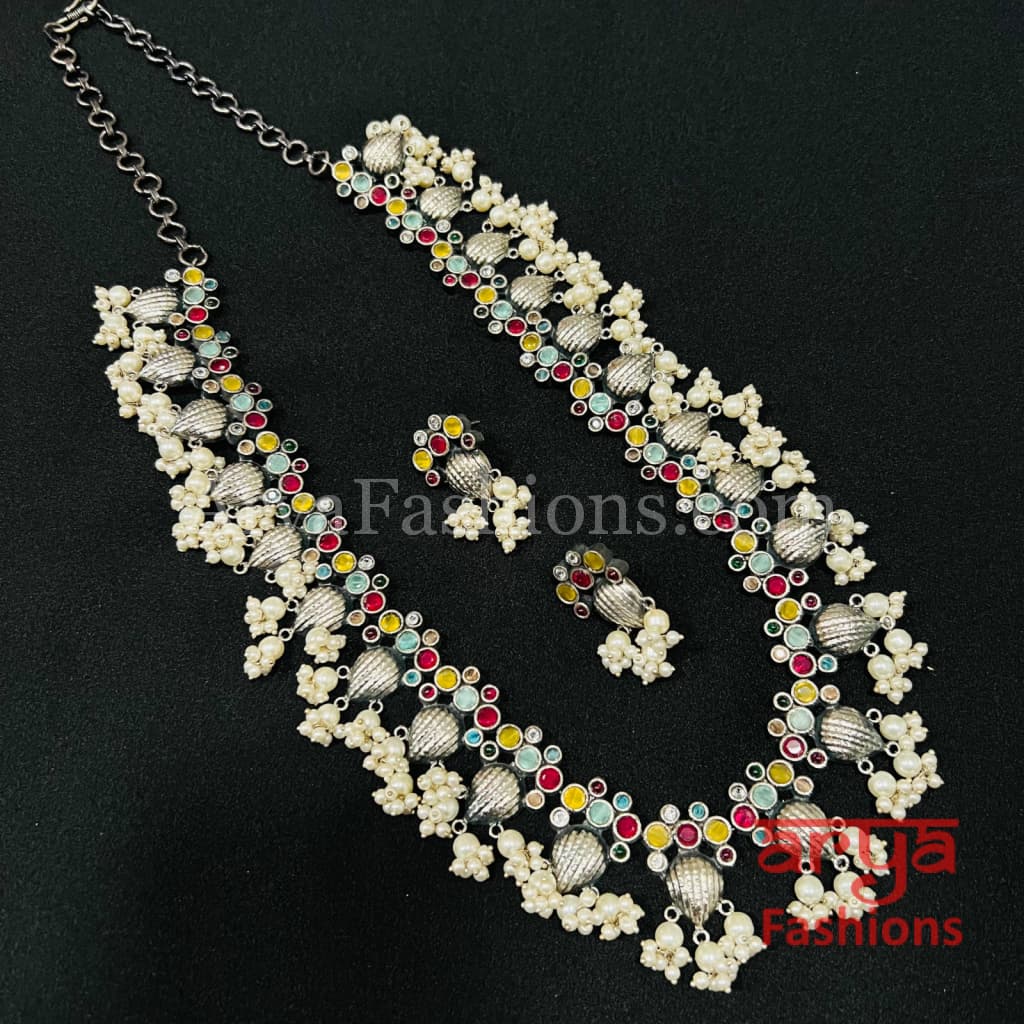 Radha Multicolor Stone Oxidized Silver Haram Necklace