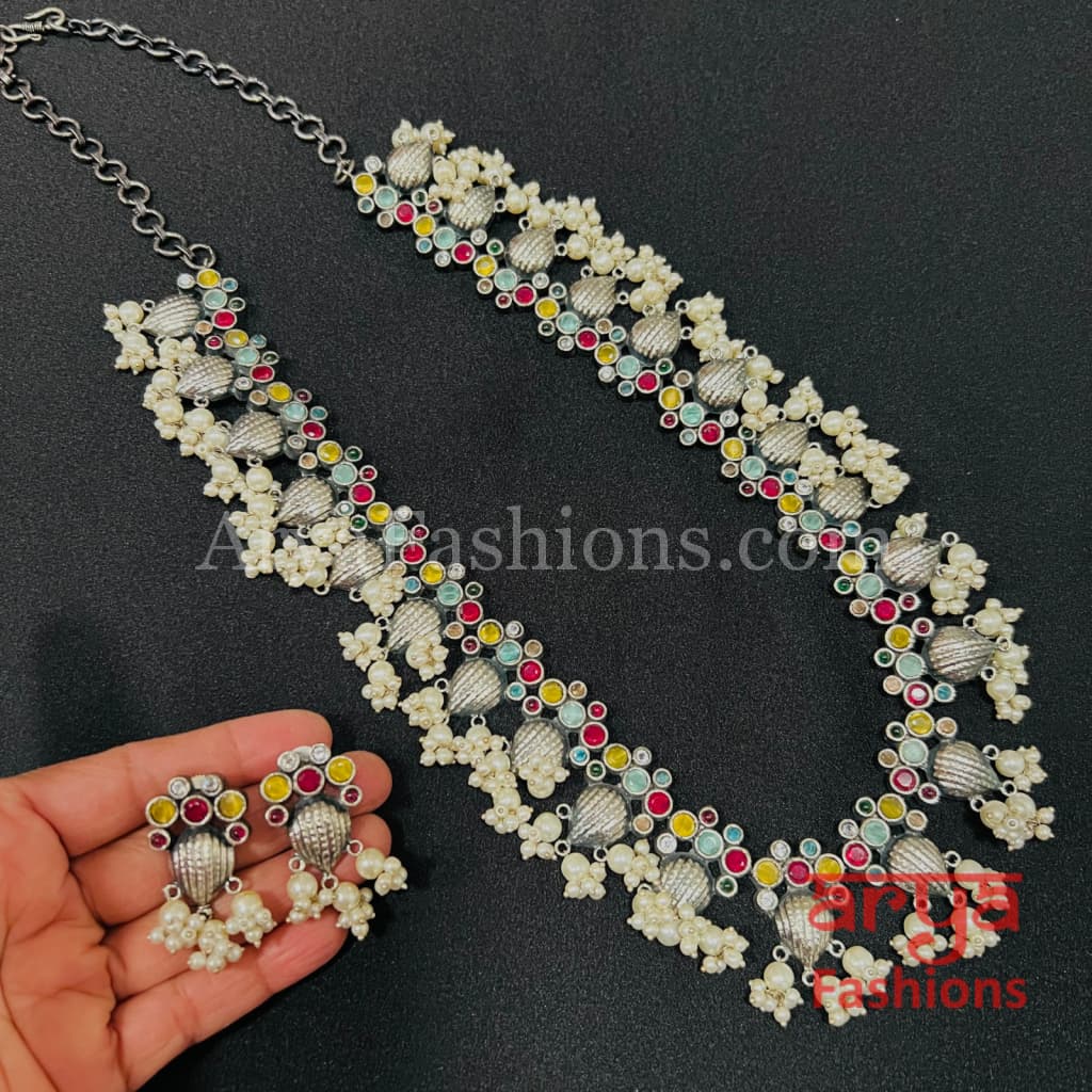 Radha Multicolor Stone Oxidized Silver Haram Necklace