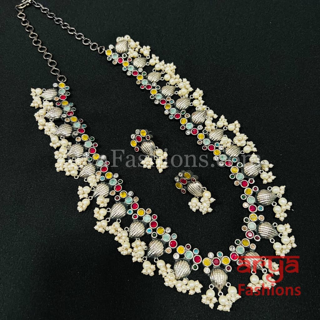 Radha Multicolor Stone Oxidized Silver Haram Necklace