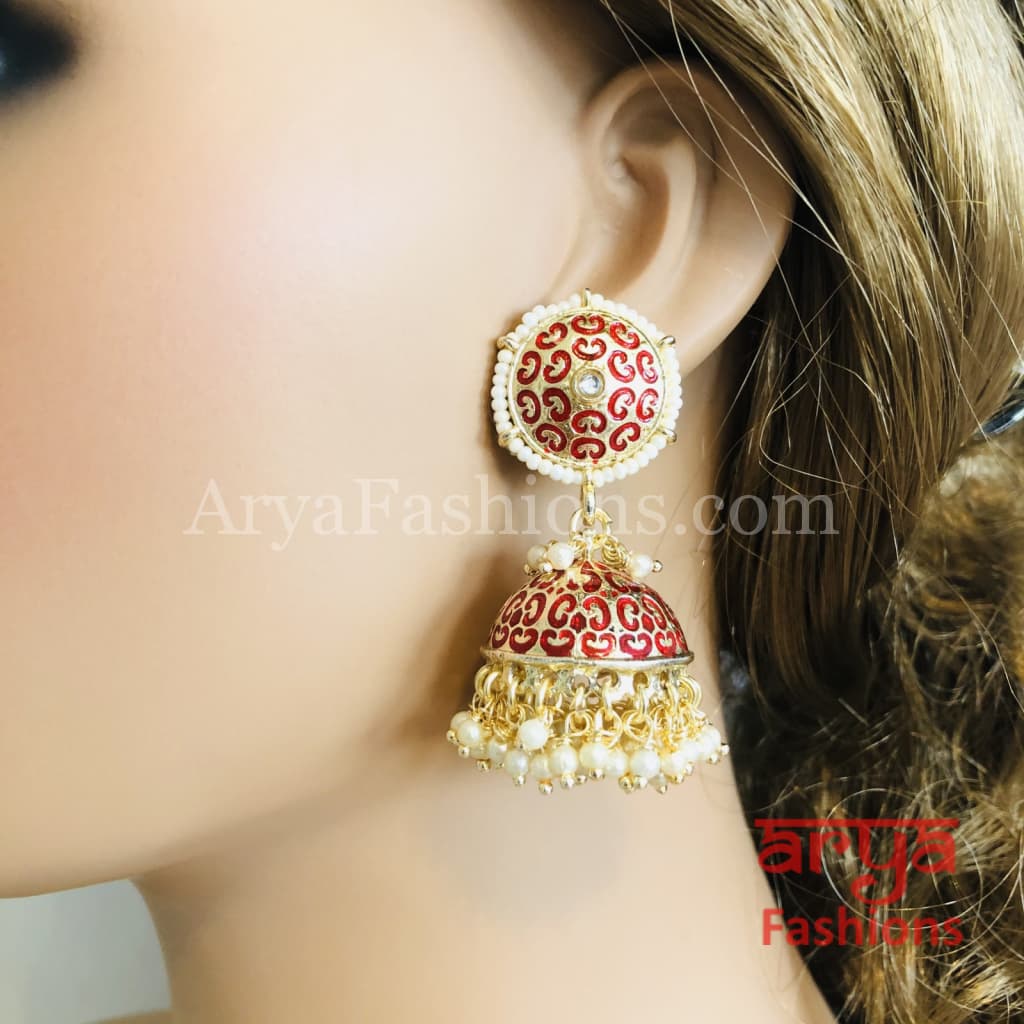 Rajasthani Meenakari Jhumka Earrings with Pearl beads
