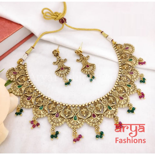 Rajwadi Antique Kundan Necklace with Colorful beads