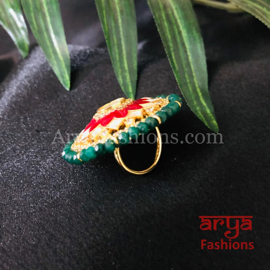Rajwadi Emerald Ruby Pacchi Kundan Golden Adjustable Ring