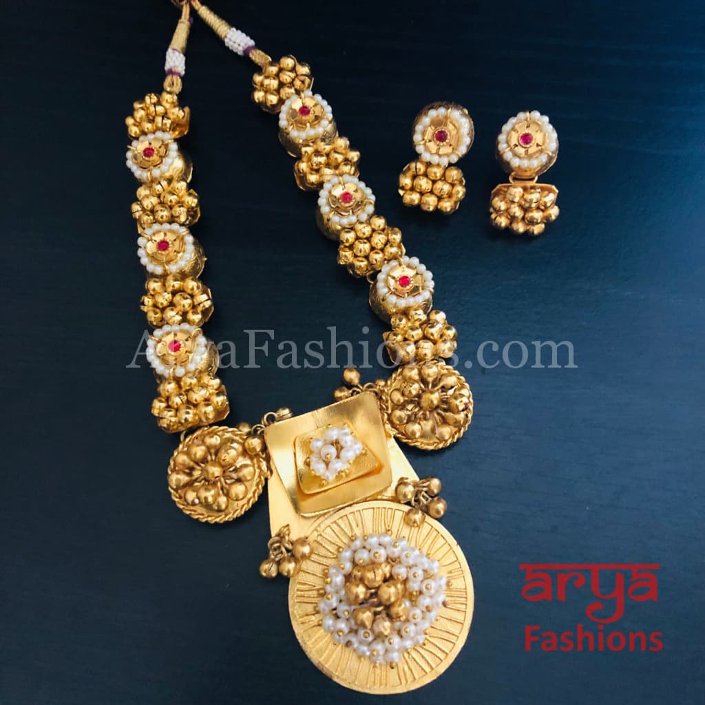 Rajwadi Golden Beads Necklace/ Gray Statement Necklace