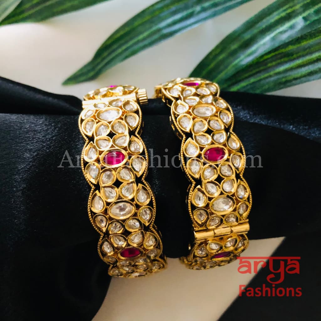 Rajwadi Jadau Ruby Pacchi Kundan Openable Kada Bangles