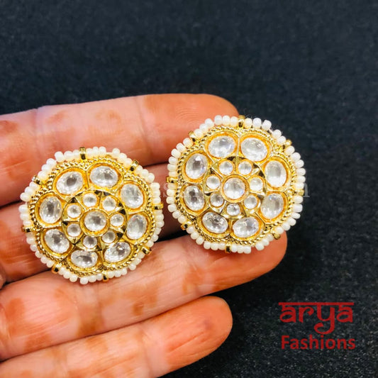 Rajwadi Kundan Pearl Stud Earrings