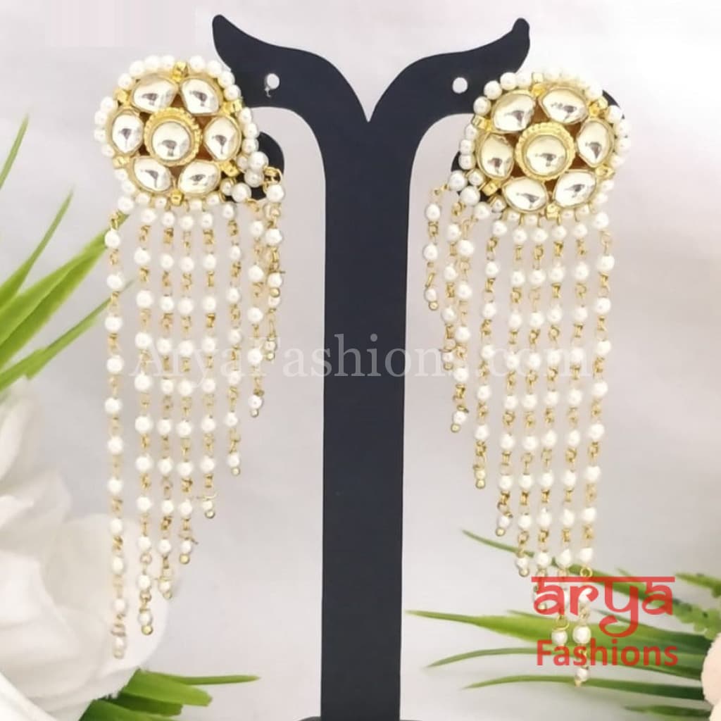Rajwadi Long Kundan Designer Pearl Earrings