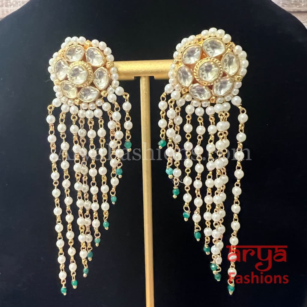 Rajwadi Long Kundan Designer Pearl Earrings
