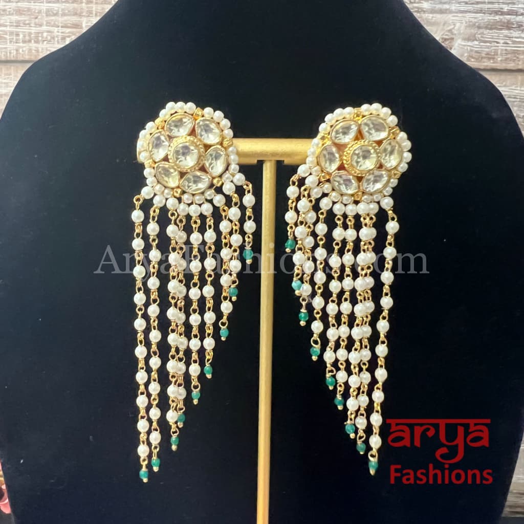 Rajwadi Long Kundan Designer Pearl Earrings