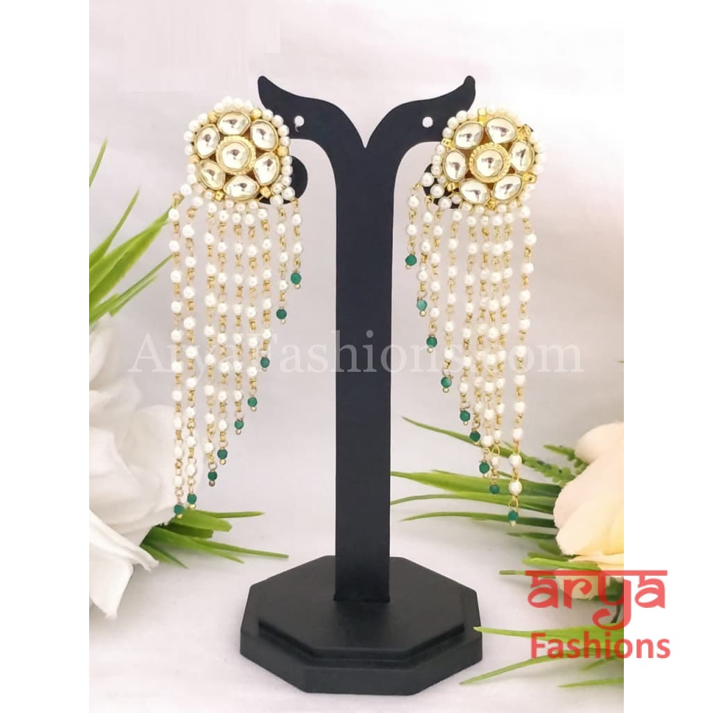 Rajwadi Long Kundan Designer Pearl Earrings