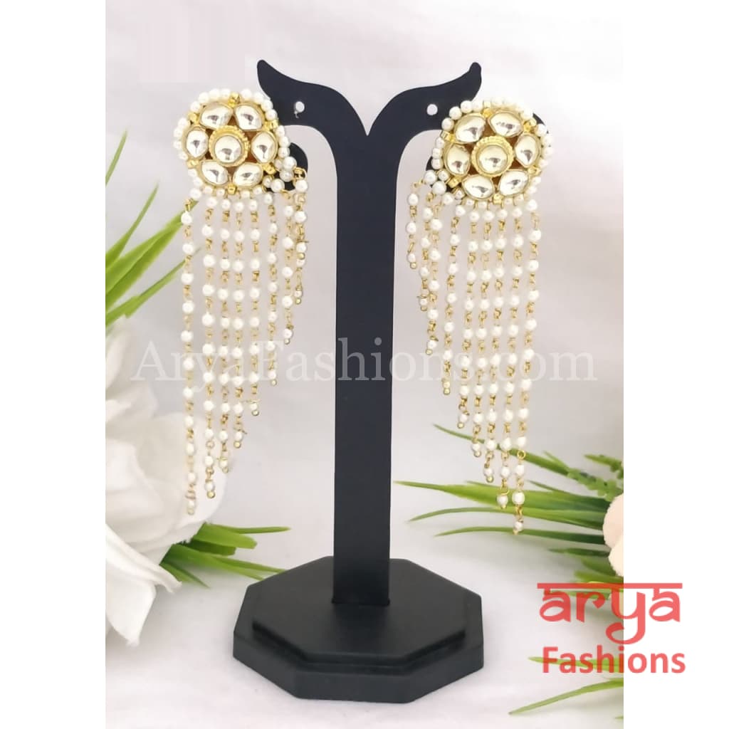 Rajwadi Long Kundan Designer Pearl Earrings