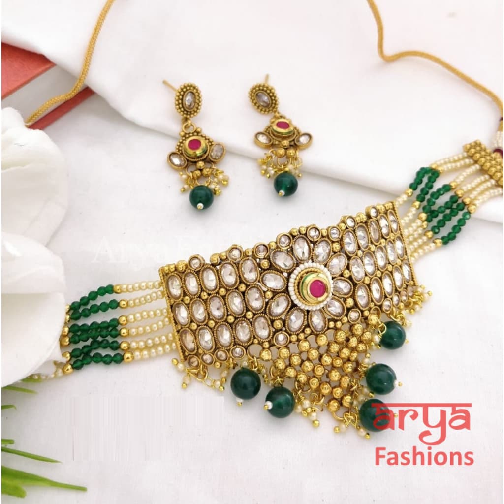 Rajwadi Mint Green Kundan Choker/ White Choker