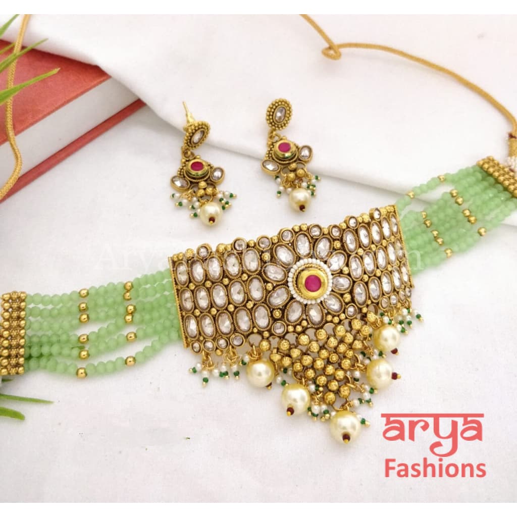 Rajwadi Mint Green Kundan Choker/ White Choker