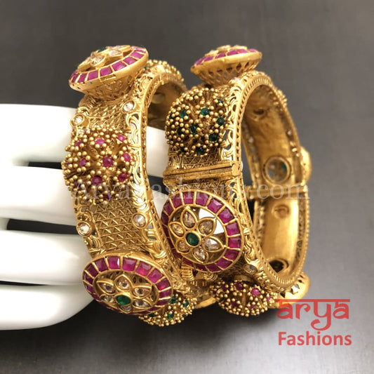 Rajwadi Ruby Bangles with Kundan/ Jaipuri Kada /Openable Punjabi