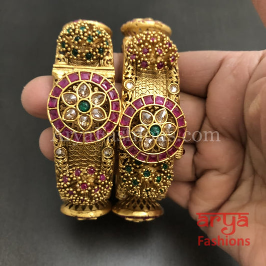 Rajwadi Ruby Bangles with Kundan/ Jaipuri Kada /Openable Punjabi